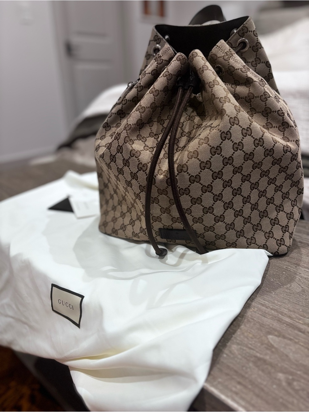 Gucci Beige/Brown GG Canvas Drawstring Duffel